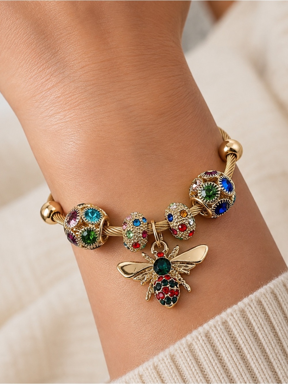Gold-Tone Multicolor Bee Charm Bracelet